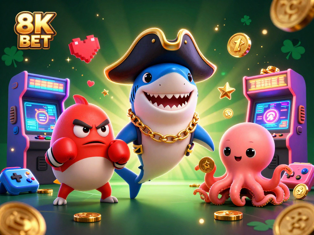 Win big with 8K BET in a vibrant 3D casino-themed illustration full of action!