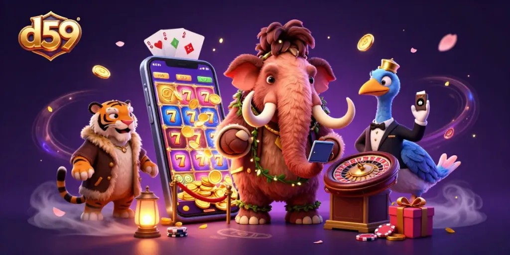 d59 players enjoy vibrant online slots with a colorful smartphone game display and vivid characters.