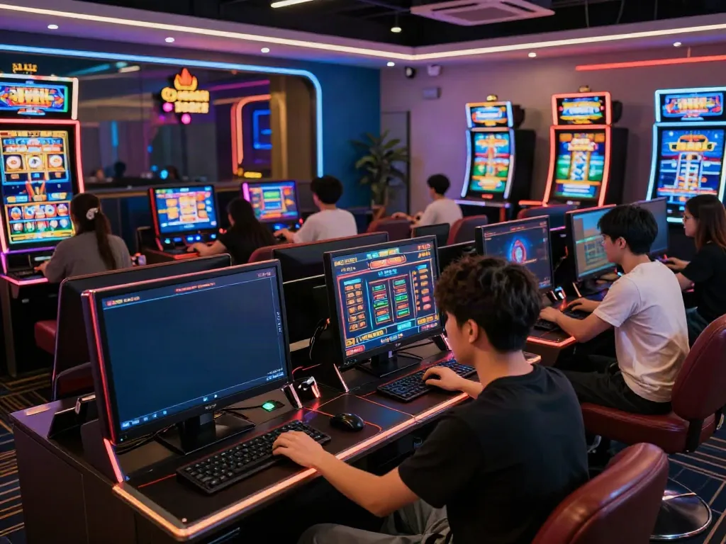 Dynamic online gaming scene highlighting QQMacan thrills with players engaged and vibrant slot animations.
