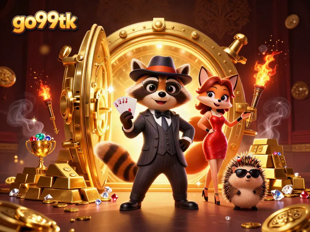 Experience winning with go99tk's casino atmosphere featuring illustrated characters and treasures.