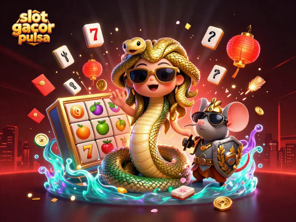 Experience thrilling slot gacor pulsa action with Medusa and charming characters amidst vibrant casino symbols.