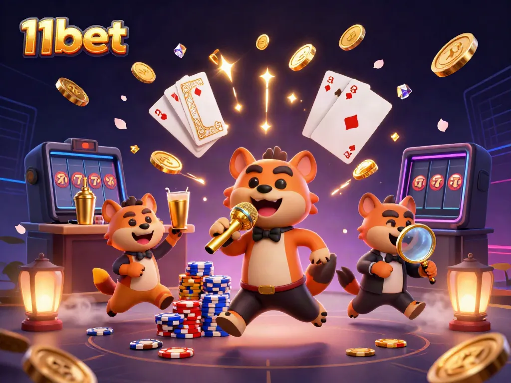 11bet's vibrant comedy casino scene with hyenas offering drinks, checking IDs, and entertaining guests