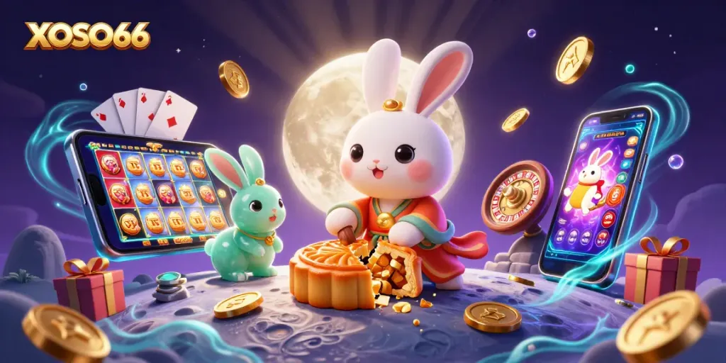 XOSO66 engages players with a captivating moon rabbit scene featuring poker chips and casino elements.