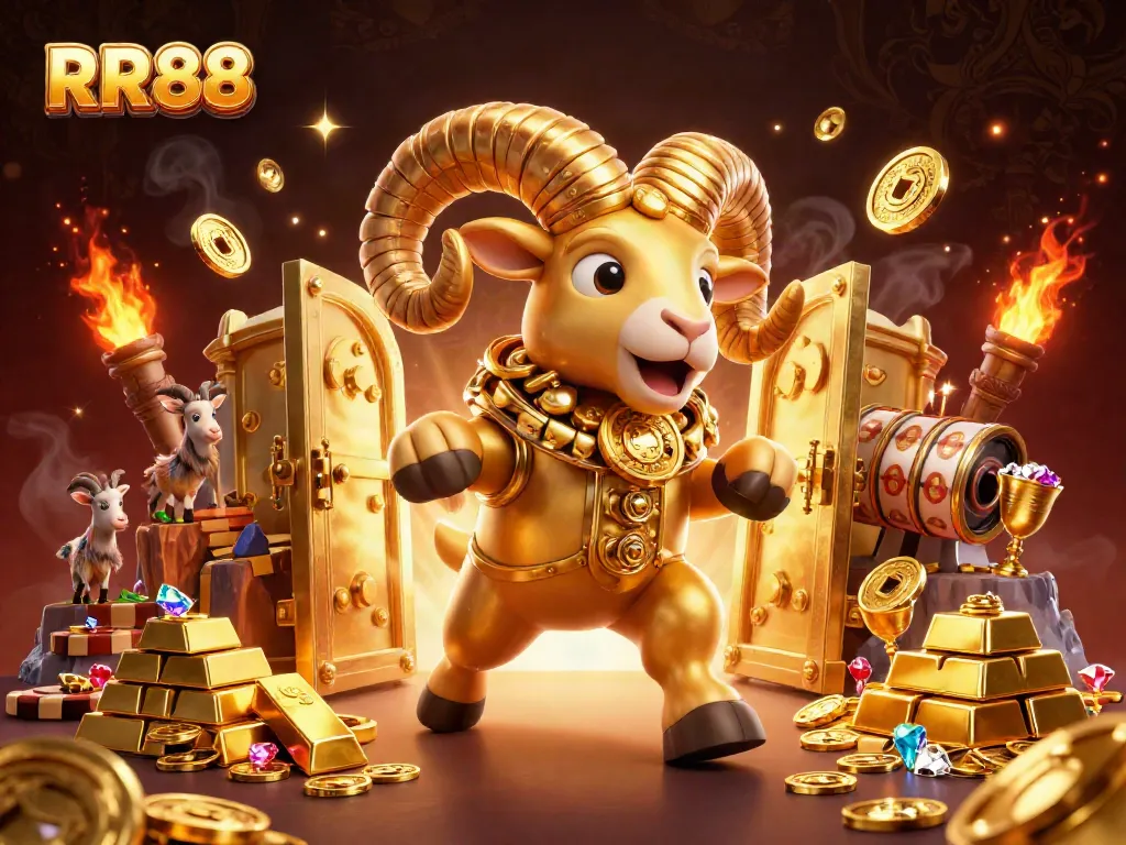RR88 features a golden ram amidst treasures in a vibrant casino atmosphere.